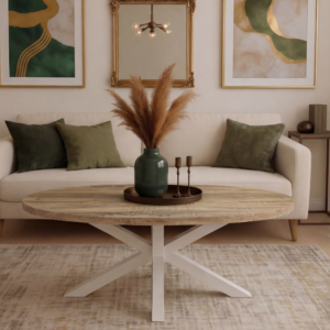 Mesa Centro Stacy Oval Tapa Roble Aserrado Patas Blanca